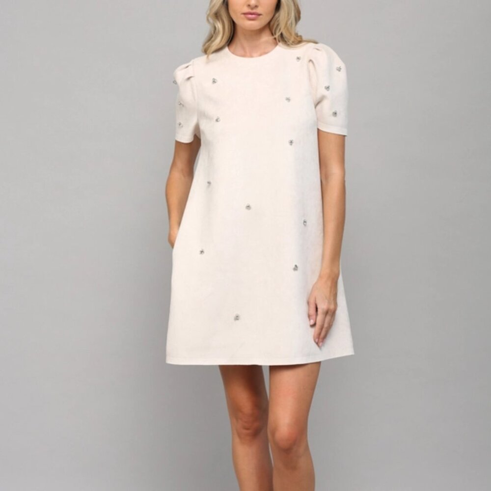 NWT Jewel Embellished Puff Sleeve Shift Dress in Ecru Small